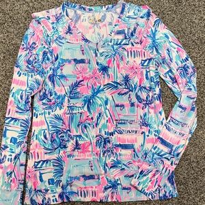 Lilly Pulitzer Pink & Blue Palm-Print Long Sleeve Top